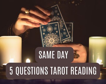 May include: A dimly lit image featuring hands holding tarot cards with a blue and white design. Two large candles flank the cards, and the text "SAME DAY 5 QUESTIONS TAROT READING" is displayed.