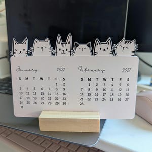 2027 Stackable Mini Cat Doodle Desk Calendar With Wood Base Stand Kitchen Counter Office Decor Stationery Gift Stocking Stuffer Handmade