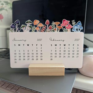 2027 Stackable Whimsical Fungi Mushroom Desk Calendar With Wood Base Stand Kitchen Counter Office Decor Stationery Cottagecore Gift Handmade