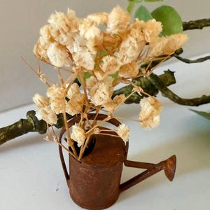 miniature dollhouse rustic worn metal watering can with dried flowers included