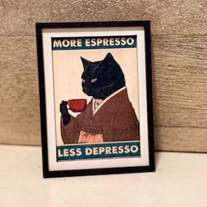 Aimants décoratifs encadrés représentant un chat avec un expresso