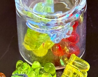 Miniature candy gummy bears in glass jar. 1:12 scale.
