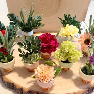 May include: A collection of miniature potted plants and flowers, including succulents, red and yellow flowers, and lavender, arranged on a wooden slice. The pots are cream-colored with a brown base.