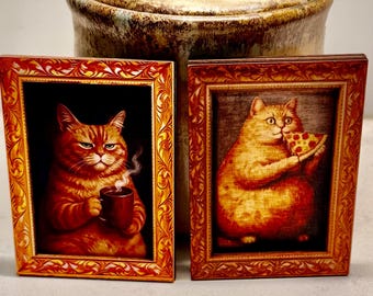 Decorative Tabby Cat art magnets-pizza and coffee designs