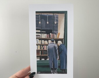 Original painting of elderly couple at a bookstore library, bookshop art, book lovers, fine art print, book wall art, reading gift, vintage