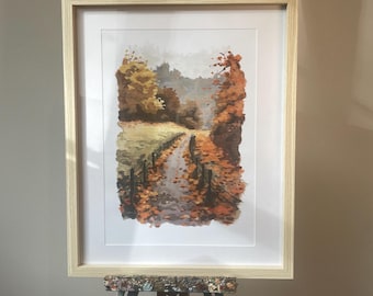 Pintura original de un camino otoñal con niebla y hojas de otoño, decoración de otoño, arte, pintura acrílica y al óleo, impresión de arte de paisaje