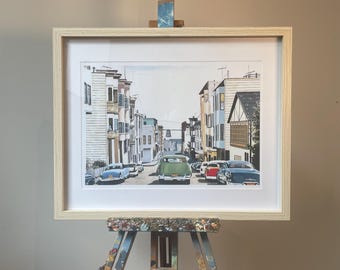 Pintura original de un San Francisco basado en 1957, Pintura acrílica y al óleo, Paisaje urbano y arquitectura, Años 50, Obra de arte retro, EE. UU., Impresión artística
