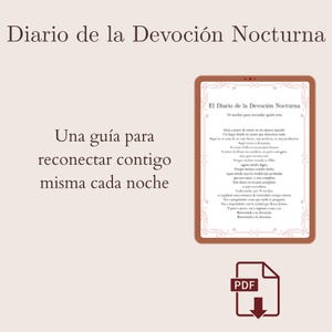 May include: A digital tablet with the text "Diario de la Devoción Nocturna" and "Una guía para reconectar contigo misma cada noche". The tablet has a decorative border and displays text in Spanish. A PDF icon is in the lower right corner.