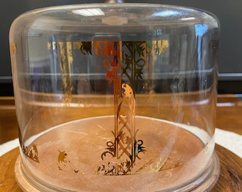 Vintage Pyrex Cheese Dome with Gold Design, Wood Base – Mid Century Serving Tray