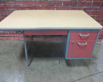Vintage Mid Century Industrial Teacher Desk – Atomic Era, Retro, 3 Drawer, School Furniture