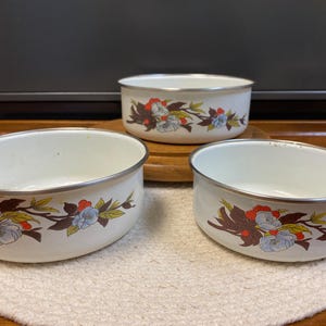 May include: Three white enamel bowls with floral designs. Each bowl has a silver rim and a pattern of brown, red, yellow, and blue flowers. The bowls are arranged on a white woven mat and a wooden surface.
