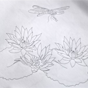 Floral Embroidery Tablecloth Pattern, Waterlily & Dragonfly Freestyle Embroidery