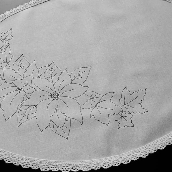 Ready to Embroider Oval Table Centre with a Unique  Poinsettia Embroidery