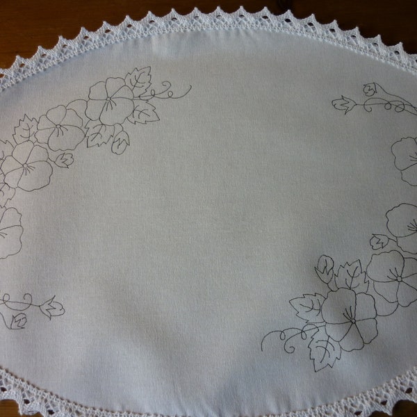 Ready to Embroider Oval Table Centre with a Unique  Pansy Embroidery