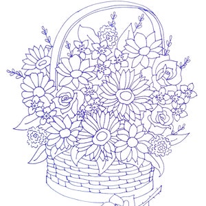 May include: A blue line drawing of a basket overflowing with flowers. The basket is woven and has a handle. The flowers include roses, sunflowers, and other smaller flowers.