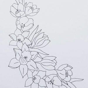 May include: A black and white line drawing of a bouquet of flowers. The bouquet includes tulips, daffodils, and other spring flowers.