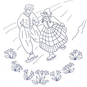 May include: A black and white line drawing of two people ice skating on a frozen lake. The people are wearing traditional Dutch clothing. There are tulips growing on the edge of the lake.