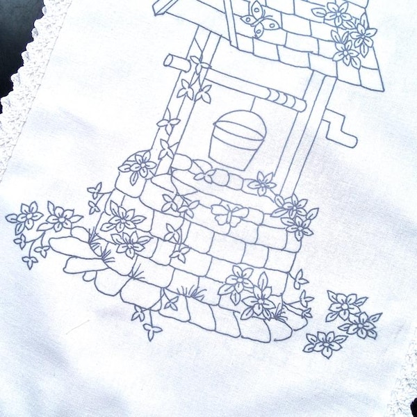 Table Runner Printed  Ready to Embroider with a Unique WISHING WELL Embroidery Design 11x47" cotton