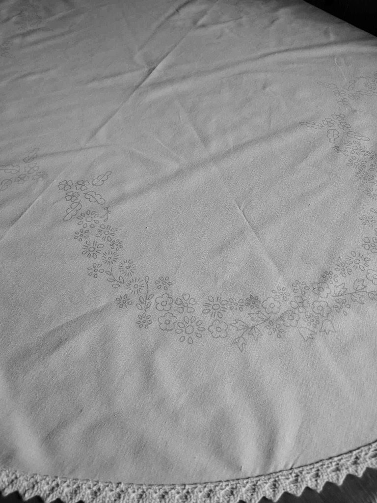 Ready to hand Embroider, Circular 120cm Table Cloth with a Floral banner Embroidery unique Printed Pattern on cotton with lace edge