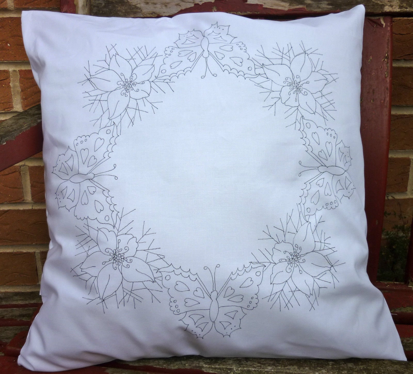Butterfly Flowers Embroidery Pattern on a Ready to Embroider Cushion Cover Etsy