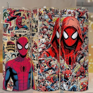 May include: Three stainless steel tumblers featuring Spider-Man comic book art. The designs showcase Spider-Man in various action poses, with vibrant red, blue, and black colors. One tumbler has a red hooded Spider-Man.