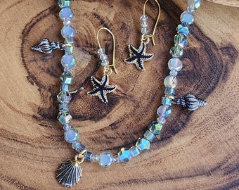 Seashell Enamel Necklace & Earrings Set: Beachy Glam Jewelry