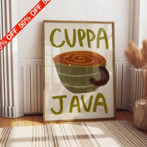 Cuppa Java Coffee-affisch | Handmålad abstrakt kopptryck | Rustik köksinredning | Olivgrön caféväggkonst | Kaffeälskarepresent