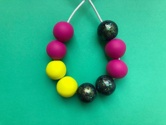 Glitter, hot pink & neon yellow clay necklace