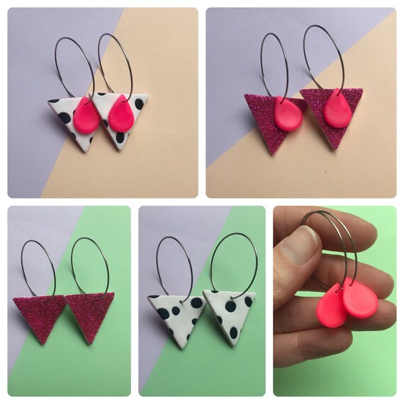 FIVE ways to wear!! Black & white spotty triangle, neon pink teardrop, glitter colourful hoop earrings