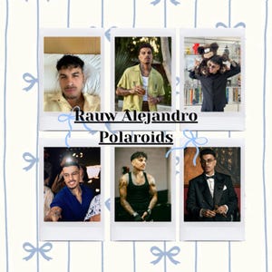 May include: A collection of six Polaroid-style photos featuring Rauw Alejandro. The photos are arranged on a light blue background with a bow pattern. The text "Rauw Alejandro Polaroids" is displayed in the center.