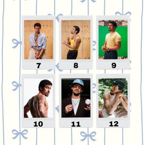 May include: A collection of six polaroid-style photographs featuring a man in various outfits and poses. The images include a light blue shirt, a yellow tank top, a yellow t-shirt, and a black blazer. The background is a mix of wood paneling and solid colors.