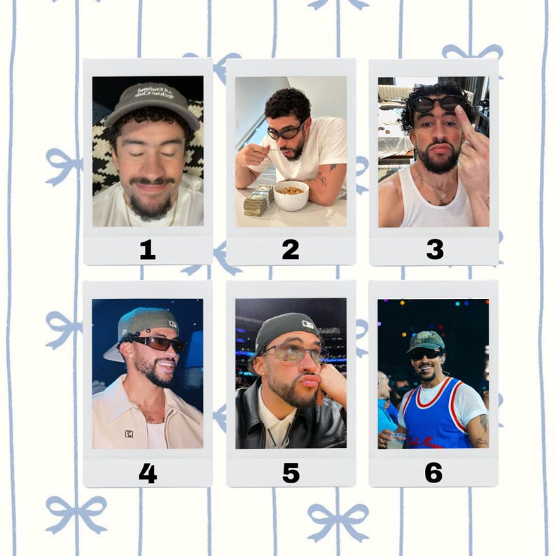 May include: A collection of six polaroid-style photos featuring a man in various poses. He is wearing different hats, sunglasses, and casual clothing. The photos are arranged against a light blue background with bow patterns.