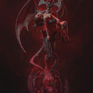 Könnte beinhalten: Detaillierte Fantasy-Figur, die eine dämonische Figur mit großen Flügeln zeigt, die eine menschliche Figur hält. Die Statue ist überwiegend dunkel mit roten Akzenten, vor einem dunkelroten Hintergrund. Das Tanuki Figures Logo ist sichtbar.