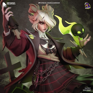 May include: A detailed figurine of a female character with white and blonde hair, wearing a dark red coat and plaid skirt. She holds a green flame with a black skull. The image includes text that reads "HIGH-QUALITY PRE-SUPPORTS" and "PATREON.COM/BULKAMANCER".