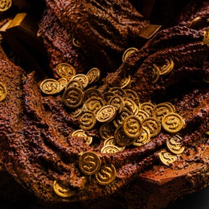 May include: Close-up of a treasure trove featuring gold coins and bars. The coins are embossed with a dollar sign and scattered across a textured, brown surface. The scene evokes wealth and prosperity.