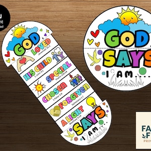 Puede incluir: Un imprimible ilustrado y colorido con las frases "Dios amó", "Su hijo", "Especial", "Elegido", "Perdonado" y "Una luz". El diseño incluye un sol, nubes, corazones y el texto "Dios dice Yo soy". Descarga instantánea.