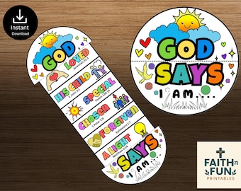 May include: A vibrant, illustrated printable with the phrases "God Loved," "His Child," "Special," "Chosen," "Forgiven," and "A Light." The design includes a sun, clouds, hearts, and the text "God Says I Am." The product is an instant download.