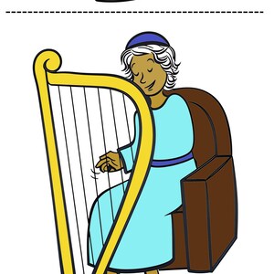 May include: Illustration of a person playing a golden harp. The person is wearing a light blue robe and a blue cap, seated on a brown chair. The harp is on a green base. A detached arm is above the person.