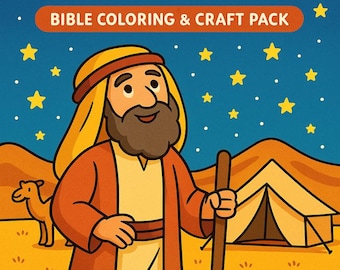May include: A colorful illustration for a Bible coloring and craft pack. The image features a cartoon depiction of Abraham holding a staff, with a camel, tent, and starry night sky in the background. Text reads "The Story of Abraham".