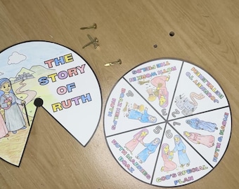 May include: A children's craft kit featuring a two-part circular design illustrating "The Story of Ruth." One section shows a scene with two women, the other a wheel divided into segments with text and illustrations. Includes small nails.