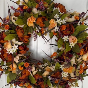 Extra Full Autumn Harvest Wreath: Orange Ranunculus, Cream Roses