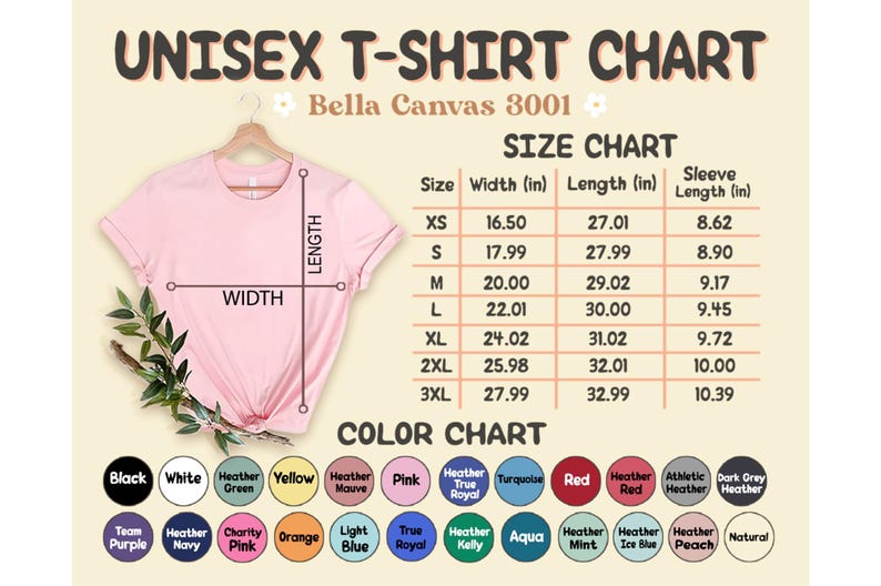 May include: Pink t-shirt on a hanger with a size and color chart. The chart shows measurements in inches for width, length, and sleeve length. Color options include black, white, and various shades.