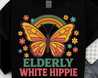 Elderly White Hippie T-Shirt: Funny Retro Graphic Tee, Boho Clothing