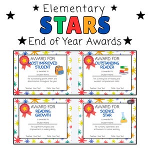 May include: Colorful end-of-year awards for elementary school students. The awards include "Most Improved Student," "Outstanding Reader," "Reading Growth," and "Science Star." Each certificate features a red ribbon and space for student and teacher information.