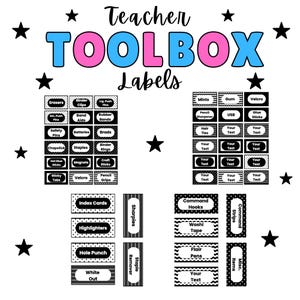 May include: A white background features black star accents and labels for a teacher's toolbox. The labels are black and white with text such as "Erasers," "Highlighters," and "Command Hooks." The words "Teacher TOOLBOX Labels" are in blue and pink.