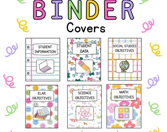 May include: Teacher binder covers with various subject titles. The covers include "Student Information," "Student Data," "Social Studies Objectives," "ELAR Objectives," "Science Objectives," and "Math Objectives." Each cover has a unique design and illustration.
