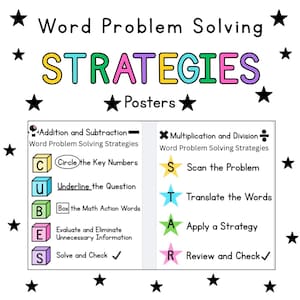 Puede incluir: Un póster colorido con las palabras "Word Problem Solving STRATEGIES Posters" y dos listas de estrategias para la suma/resta y la multiplicación/división. El póster utiliza un tema de estrellas y colores brillantes.