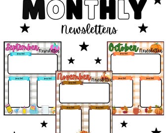 Teacher Monthly Newsletters seasonal, Classroom Planning newsletters, Back to School, Editable Canva Template, Instant Download for Teacher