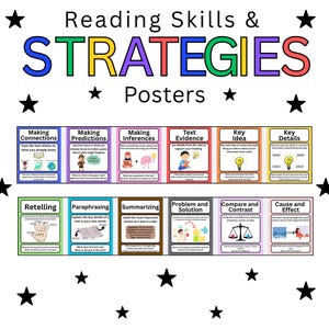 Puede incluir: Un conjunto de carteles educativos titulados "Habilidades y estrategias de lectura". Los carteles presentan texto y gráficos coloridos que ilustran estrategias de comprensión lectora, como hacer conexiones, predicciones e inferencias. Los carteles están diseñados para uso educativo.