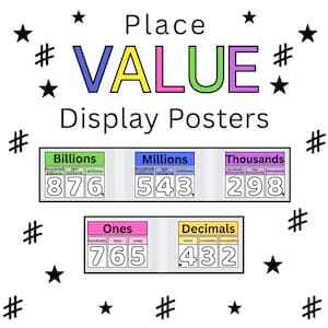 May include: A white educational poster with the words "Place VALUE Display Posters" in colorful letters. The poster displays place value charts for billions, millions, thousands, ones, and decimals, with example numbers.
